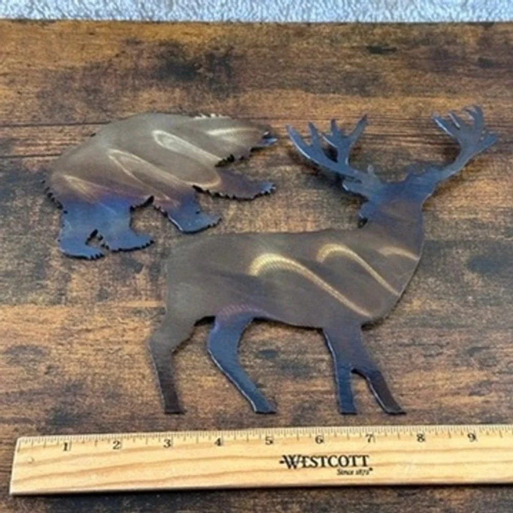 Metal Wall Art Bear Deer Silhouette Iridescent Heat Treated Finish Steel Set‎